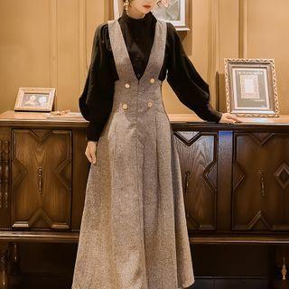 Set: Lantern-sleeve Blouse + Midi Overall Dress