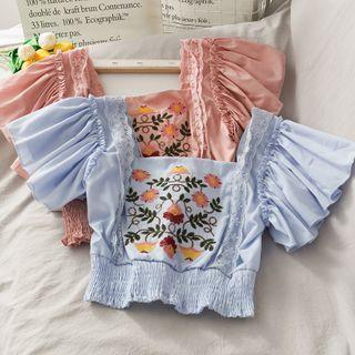 Ethnic-embroidered Lace-trim Crop Top