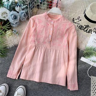 Stand Collar Embroidered Long-sleeve Blouse