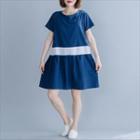 Plain Round-neck Short-sleeve Dress Navy Blue - L