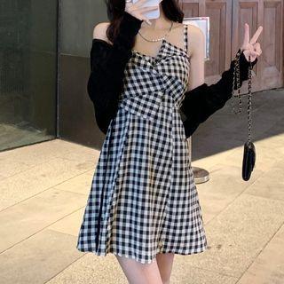 Spaghetti Strap Plaid Dress / Lightweight Cardigan