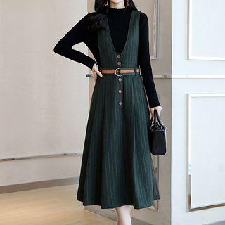 Set: Long-sleeve Ribbed Top + Striped Midi Pinafore Dress