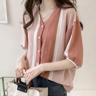 Elbow-sleeve V-neck Stripe Blouse