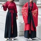 Couple Matching Letter Embroidered Long-sleeve Hanfu Top/ Maxi A-line Skirt/ Cloud Embroidered Hanfu Jacket/ Set