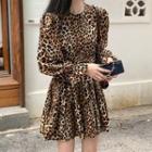 Leopard Long-sleeve A-line Dress Leopard Print - Brown - One Size