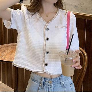 Long-sleeve V-neck Contrast Trim Single Breasted Crop Top