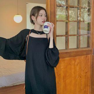 Set: Long-sleeve Plain Shawl + Sleeveless Dress Black - One Size