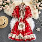 Short-sleeve Print Tie-waist Mini A-line Dress