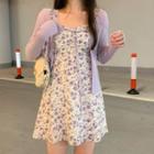 Long-sleeve Plain Knit Cardigan / Floral Printed Strappy Midi Dress
