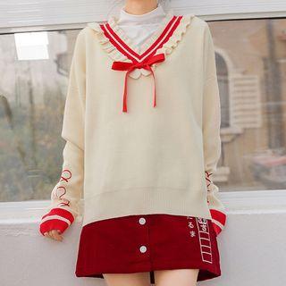 Heart-embroidered Bow-detail V-neck Sweater