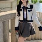 Collared Fleece Panel Denim Jacket / Knit Mini A-line Skirt