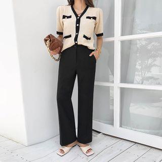 Button-trim Ringer Knit Cardigan