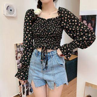 Puff-sleeve Floral Print Drawstring Shirred Blouse