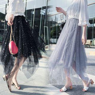 Asymmetric Sequined Midi A-line Mesh Skirt