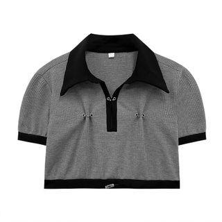 Contrast-trim Short-sleeve Knit Top Gray - One Size