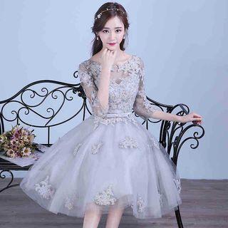 Lace Appliqu  Elbow Sleeve Mini Prom Dress