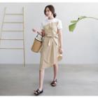 Short-sleeve Wrap-front Two-tone Cotton Dress