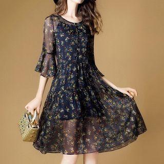 Floral Print Elbow Sleeve Midi Dress With Slipdress