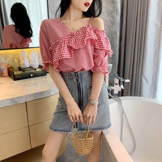 Elbow-sleeve Cold Shoulder Plaid Panel Top