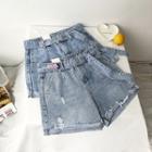 Embroidered Denim Shorts With Belt
