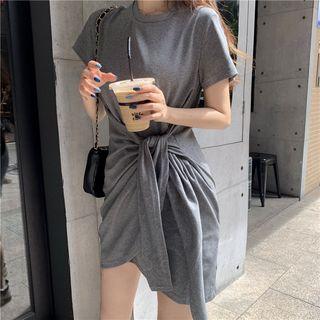 Short-sleeve Asymmetric Tie Waist Mini T-shirt Dress