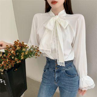 Ribbon Tie-neck Blouse / Single-breasted Fleece Jacket