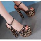 Leopard Print Ankle Strap Peep Toe Platform Block Heel Sandals