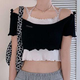 Short-sleeve Off Shoulder T-shirt / Spaghetti Strap Top