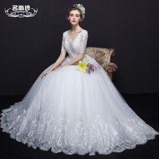 Elbow Sleeve Wedding Ball Gown