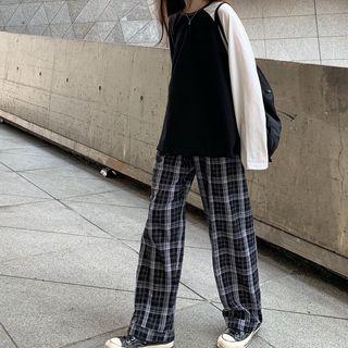 Raglan Long-sleeve T-shirt / Plaid Straight Fit Pants