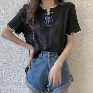 Short-sleeve Ruffled-trim Tie-strap Cropped T-shirt