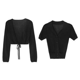 Lace-up Cropped Knit Jacket / Collared Short-sleeve Knit Top