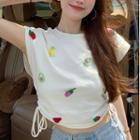 Cap-sleeve Fruit Embroidered T-shirt T-shirt - Multicolor Fruit - White - One Size