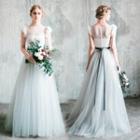 Cap-sleeve Waist-tied Tulle-overlay Evening Gown