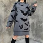Bat Patterned Distressed Long Sweater Dark Gray - One Size