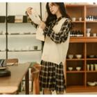 V-neck Knit Vest / Plaid Long-sleeve A-line Dress / Set