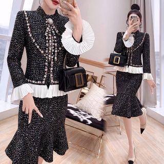 Set: Bell-sleeve Tweed Top + Ruffle Hem Pencil Skirt