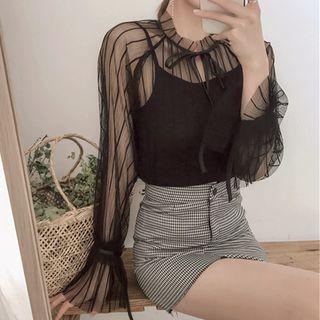 Set: Long-sleeve See-through Top + Camisole