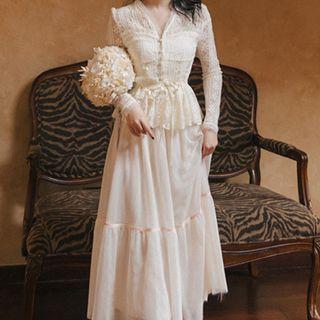 Set: Long-sleeve Lace Peplum Blouse + Tiered Midi A-line Skirt