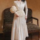 Set: Long-sleeve Lace Peplum Blouse + Tiered Midi A-line Skirt