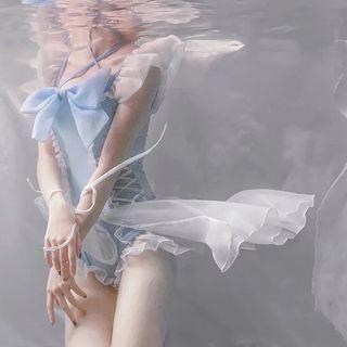 Sleeveless Bow Swimsuit / Cover-up Mesh Skirt