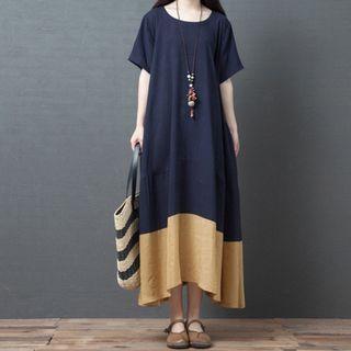 Two-tone Short-sleeve Midi Shift Dress