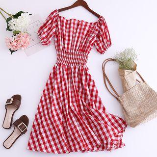Short-sleeve Check Midi A-line Dress Check - Red & White - One Size