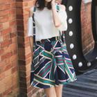 Set: Cold Shoulder Short-sleeve Top + Printed A-line Skirt