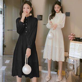 Belted Balloon-sleeve Lace Midi Shirtdress