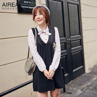 Set: Dotted Blouse + Sleeveless V-neck Dress