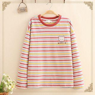 Bear Embroidered Striped Long-sleeve T-shirt