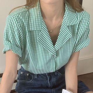 Short-sleeve Plaid Shirt Green & White - One Size