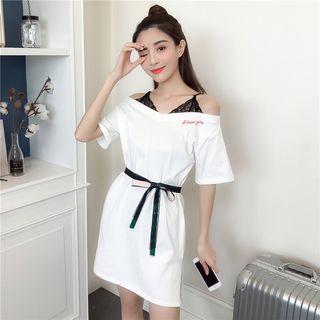 Mock Two-piece Elbow-sleeve Lace Panel Mini Dress
