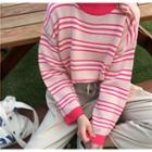 Semi High-neck Striped Long-sleeve Sweater Pink - One Size